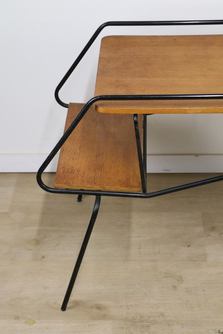 Table basse d'appoint vintage en métal laqué noir et chêne, 1950