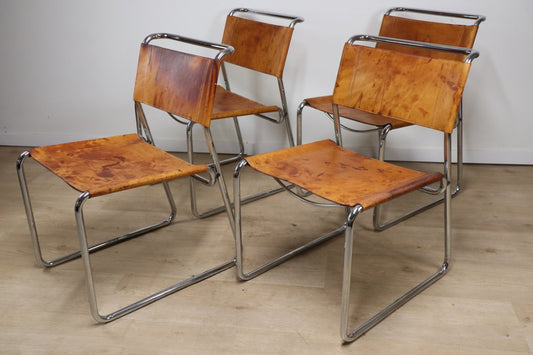 Série de 4 chaises vintage en cuir et métal chromé, 1970