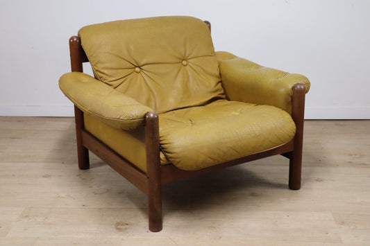 Fauteuil scandinave en cuir et hêtre, 1960