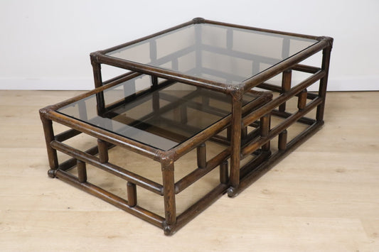 Tables basses gigogne en bambou et verre, 1970