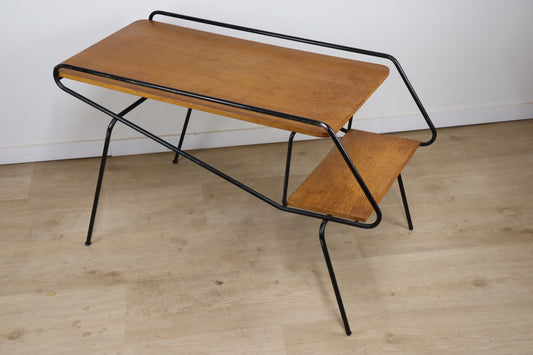 Table basse d'appoint vintage en métal laqué noir et chêne, 1950