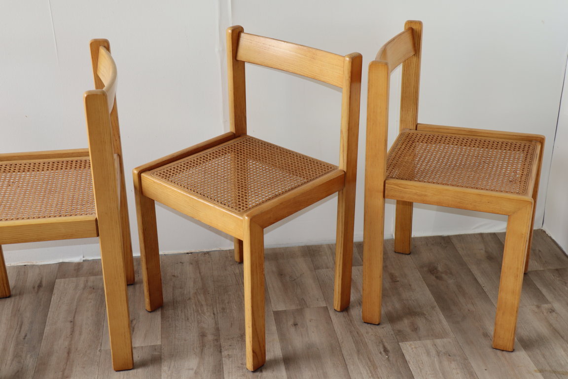 Série de 4 chaises vintage en hêtre et cannage, 1960