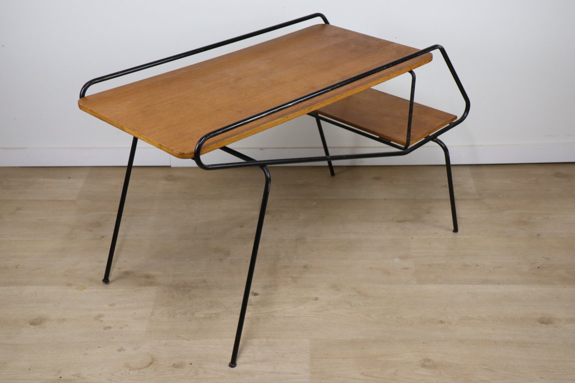 Table basse d'appoint vintage en métal laqué noir et chêne, 1950