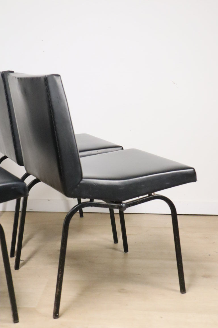 Série de 4 chaises vintage édition ZOL en skaï noir et métal, 1950